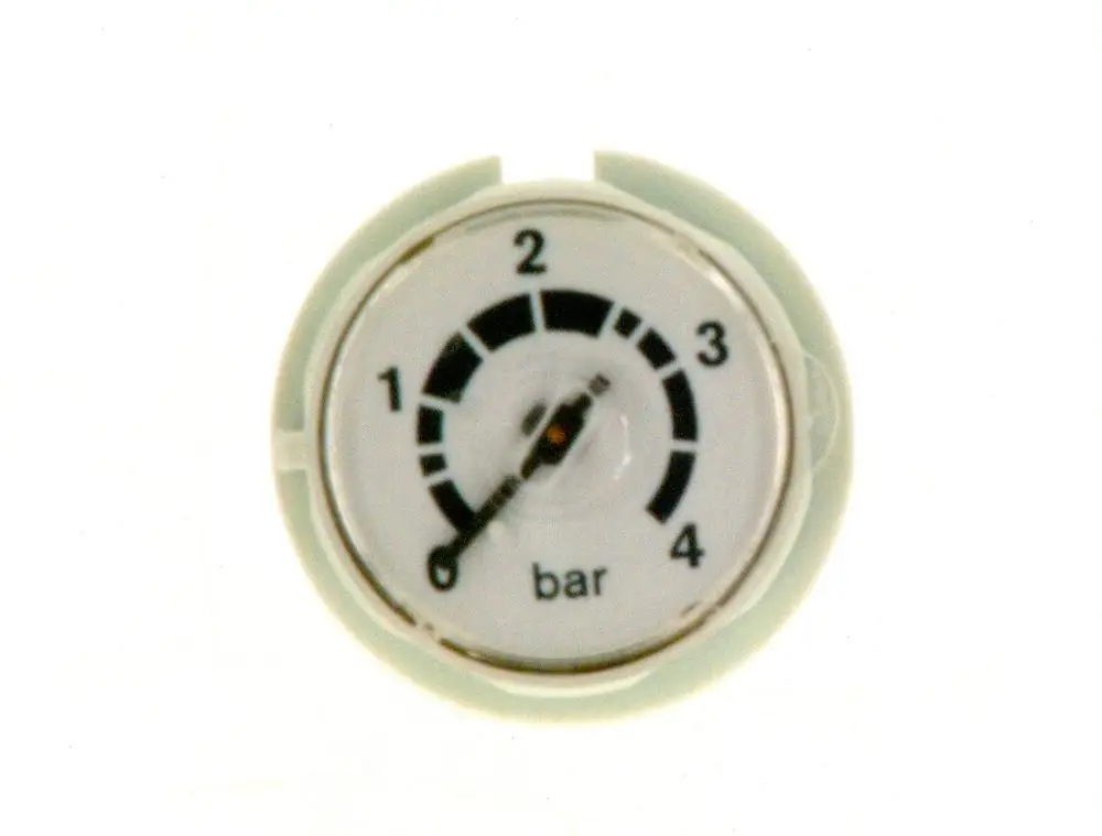 Manometer mit einer Skala bis 4 bar. Die Anzeige zeigt den Druck in bar an. Das Produkt stammt von Bosch und ist für die Druckmessung geeignet.